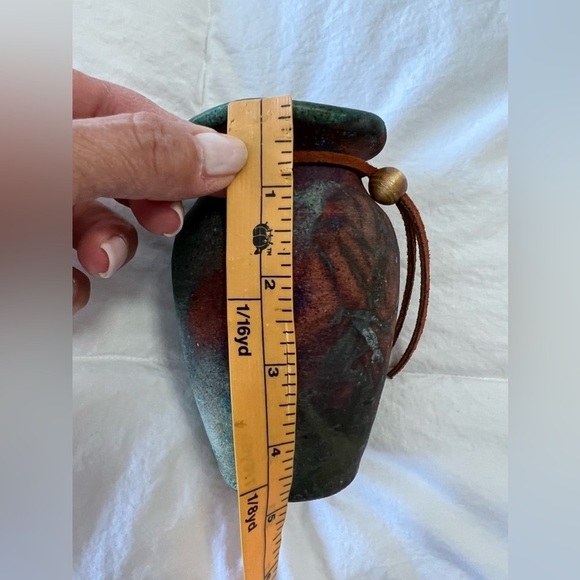 RAKU POTTERY VASE Handmade in Arizona 5" Tall | Leather Trim - Picture 7 of 9